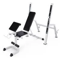 Скамья со стойками под штангу DFC GORILLA белая, с партой для бицепса