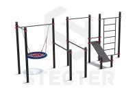 Уличный комплекс из двух турников, качели Гнездо, брусьев, наклонной скамьи и шведской стенки