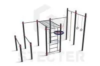 Уличный комплекс из брусьев, турника, рукохода, шведской стенки, качели Гнездо, каната и колец