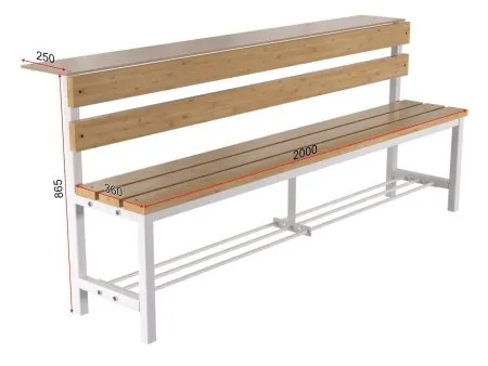 Скамейка для раздевалки со спинкой разборная с полкой для обуви и головных уборов