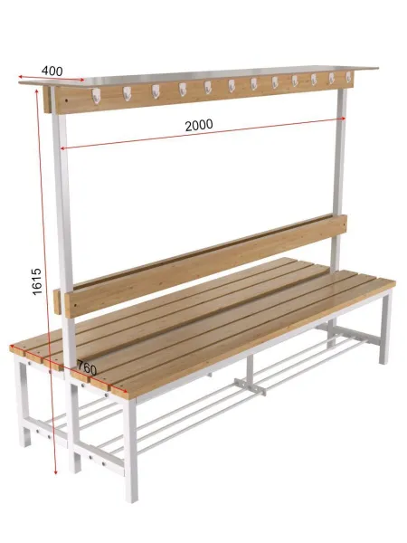 Скамейка для раздевалки с вешалкой, двухсторонняя разборная с полкой для обуви и головных уборов
