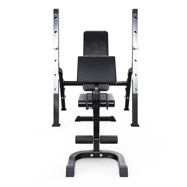 Скамья со стойками под штангу DFC GORILLA черная, с партой для бицепса