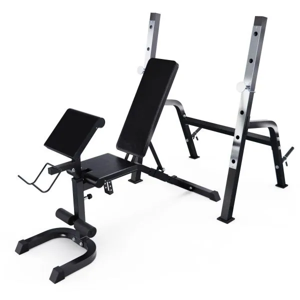 Скамья со стойками под штангу DFC GORILLA черная, с партой для бицепса