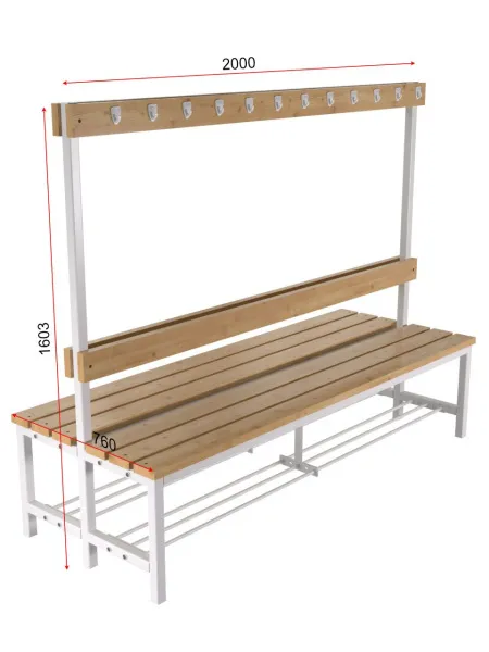 Скамейка для раздевалки с вешалкой, двухсторонняя разборная с полкой для обуви