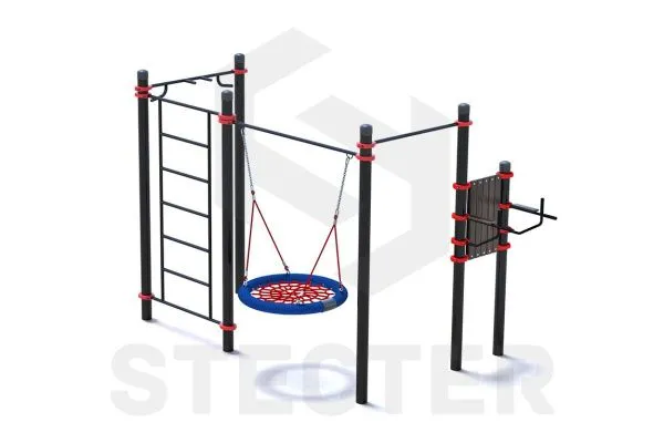 Уличный комплекс из стойки для пресса, качели Гнездо, шведской стенки и турника Мультихват