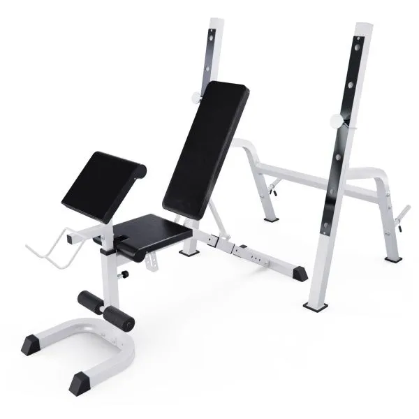 Скамья со стойками под штангу DFC GORILLA белая, с партой для бицепса