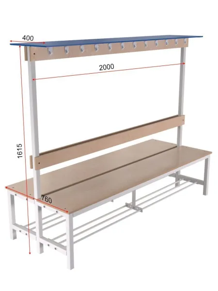 Скамейка для раздевалки двухсторонняя, с вешалкой (настил ЛДСП) с полкой для обуви и головных уборов