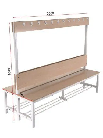 Скамейка для раздевалки двухсторонняя, с вешалкой (настил ЛДСП) с полкой для обуви