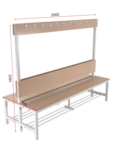 Скамейка для раздевалки двухсторонняя, с вешалкой (настил ЛДСП) с полкой для обуви