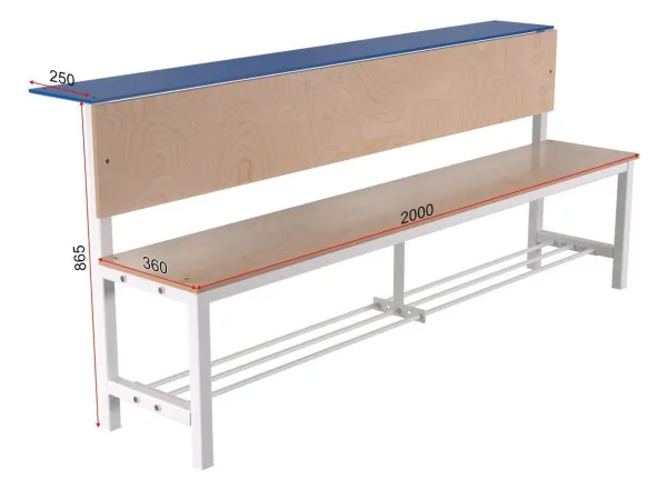 Скамейка для раздевалки со спинкой односторонняя (настил ЛДСП) с полкой для обуви и для головных уборов