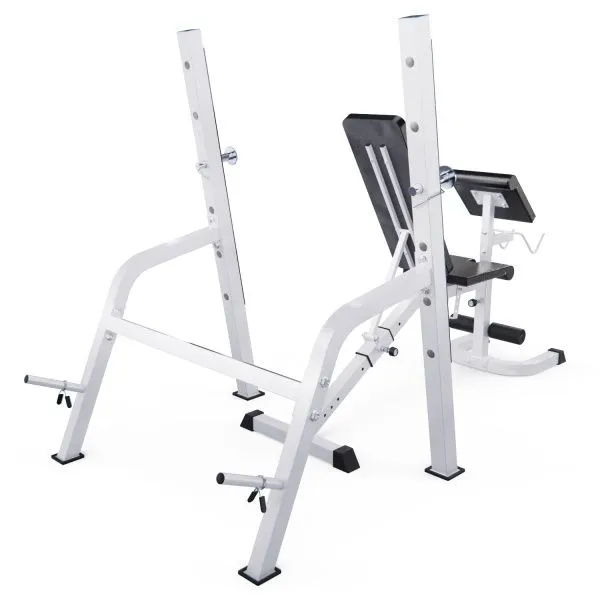 Скамья со стойками под штангу DFC GORILLA белая, с партой для бицепса