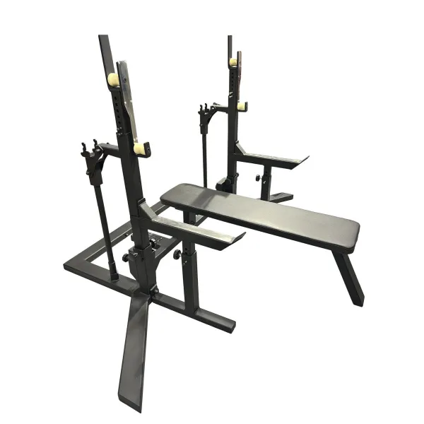 Соревновательная домкратная стойка для пауэрлифтинга со скамьей и страховочными упорами