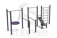 Уличный комплекс из двух турников, качели Гнездо, брусьев, наклонной скамьи и шведской стенки
