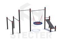 Уличный комплекс из брусьев, турника, качели Гнездо и наклонной скамьи для пресса