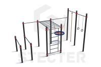 Уличный комплекс из брусьев, турника, рукохода, шведской стенки, качели Гнездо, каната и колец