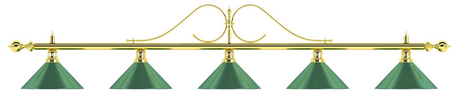 Лампа на пять плафонов «Classic» (витая золотистая штанга, зеленый плафон D35см)