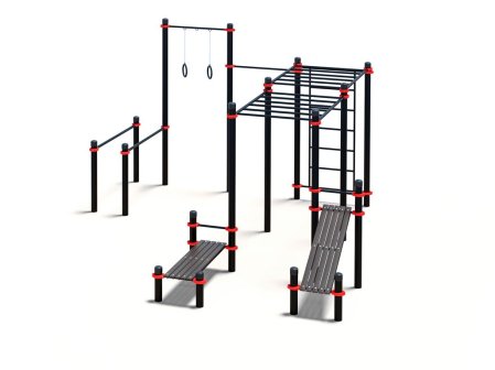 Комплекс из брусьев, турников, шведской стенки, 2 рукохода, 2 лавки для пресса и гимн.колец (PAW-62)