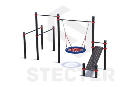 Уличный комплекс из брусьев, турника, качели Гнездо и наклонной скамьи для пресса