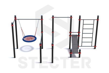 Уличный комплекс из двух турников, качели Гнездо, брусьев, наклонной скамьи и шведской стенки