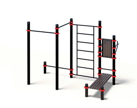 Комплекс с низкой перекладиной, лавкой для пресса, шведской стенкой и тренажером брусья-пресс