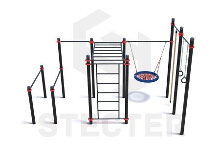 Уличный комплекс из брусьев, турника, рукохода, шведской стенки, качели Гнездо, каната и колец