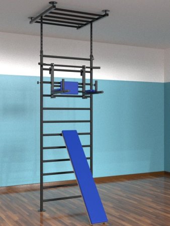 Шведская стенка с регулировкой высоты враспор, с турником и наклонной доской (тип 1)