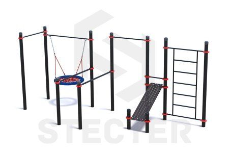 Уличный комплекс из двух турников, качели Гнездо, брусьев, наклонной скамьи и шведской стенки