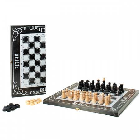 Шахматы + шашки малые черные рисунок серебро "Объедовские"
