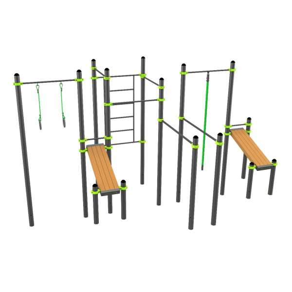 W361 Воркаут (3 турника, 2 скамьи для пресса, брусья, швед. стенка, кольца, канат) ZAVODSPORTA