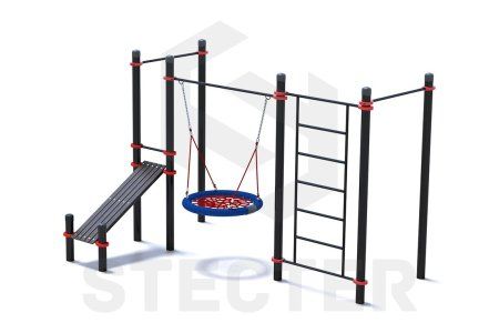 Уличный комплекс из двух турников, шведской стенки, качели Гнездо и наклонной скамьи для пресса