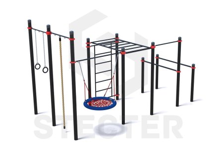 Уличный комплекс из брусьев, турника, рукохода, шведской стенки, качели Гнездо, каната и колец