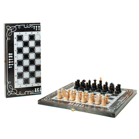 Шахматы обиходные "Объедовские" с малой деревянной черной доской рисунок серебро