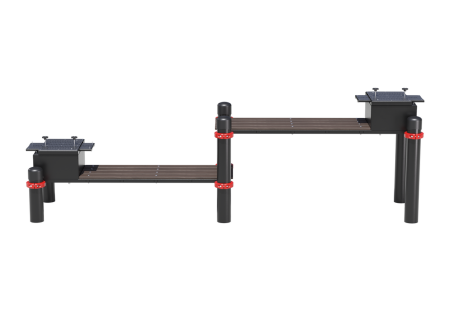 Горизонтальная гимнастическая скамья двойная разноуровневая с упором для ног, к которой прикреплены