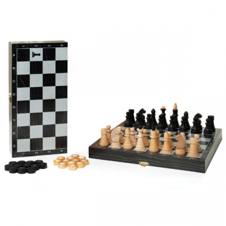 Шахматы + шашки черные рисунок серебро "Объедовские" 