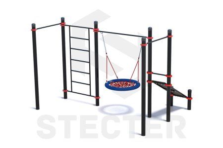 Уличный комплекс из двух турников, шведской стенки, качели Гнездо и наклонной скамьи для пресса