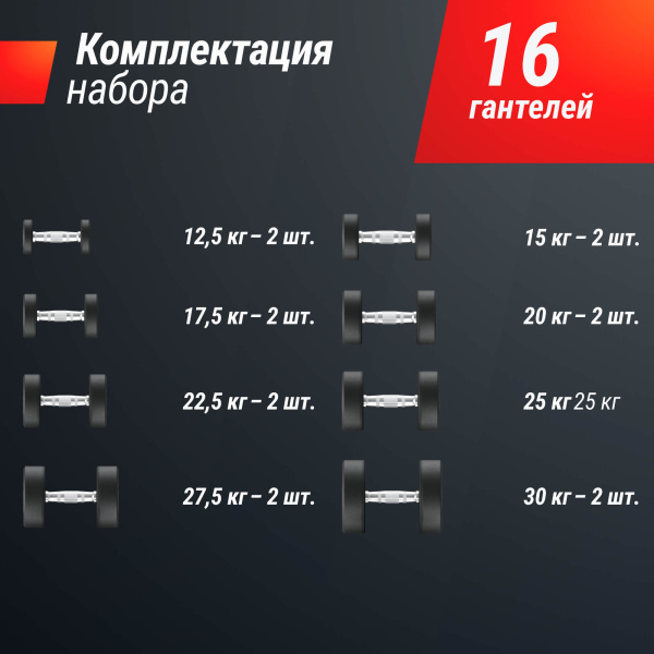 Ряд гантелей круглых UNIX Fit PRO обрезиненных от 12,5 до 30 кг