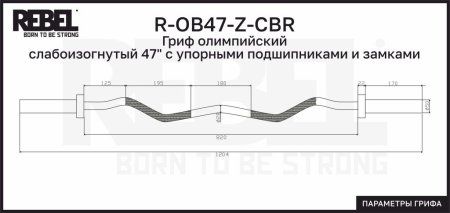 Гриф олимпийский слабоизогнутый 47" REBEL с упорными подшипниками и замками