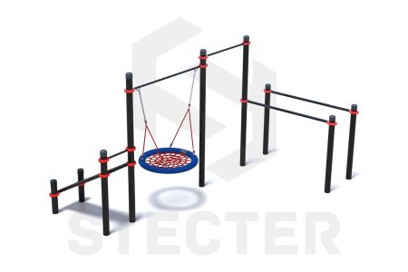 Уличный комплекс из брусьев, турника, качели Гнездо и наклонной скамьи для пресса