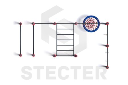 Уличный комплекс из брусьев, турника, рукохода, шведской стенки, качели Гнездо, каната и колец